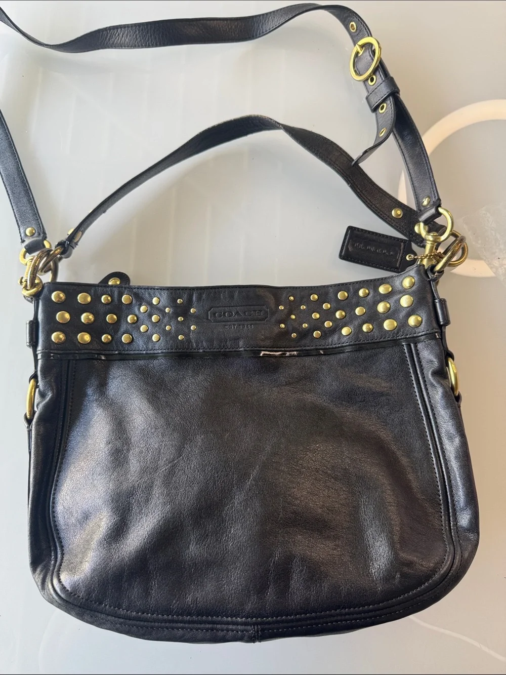 Coach Zoe Black Leather Shoulder Bag with Gold Studs